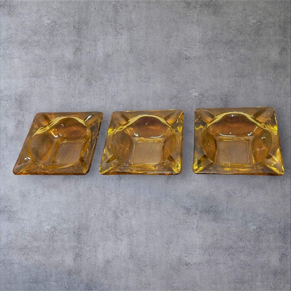 Anchor Hocking Glass 3.5" Ashtray 3pc Amber Gold‎ Vintage MCM Square Excellent